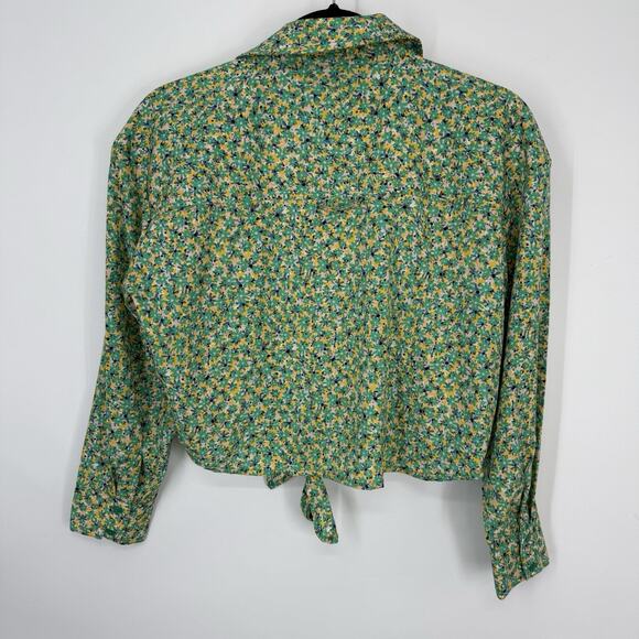 Nuon Tie waist crop Blouse size Small Green Ditzy Flowers Long Sleeve Button up - Picture 8 of 13